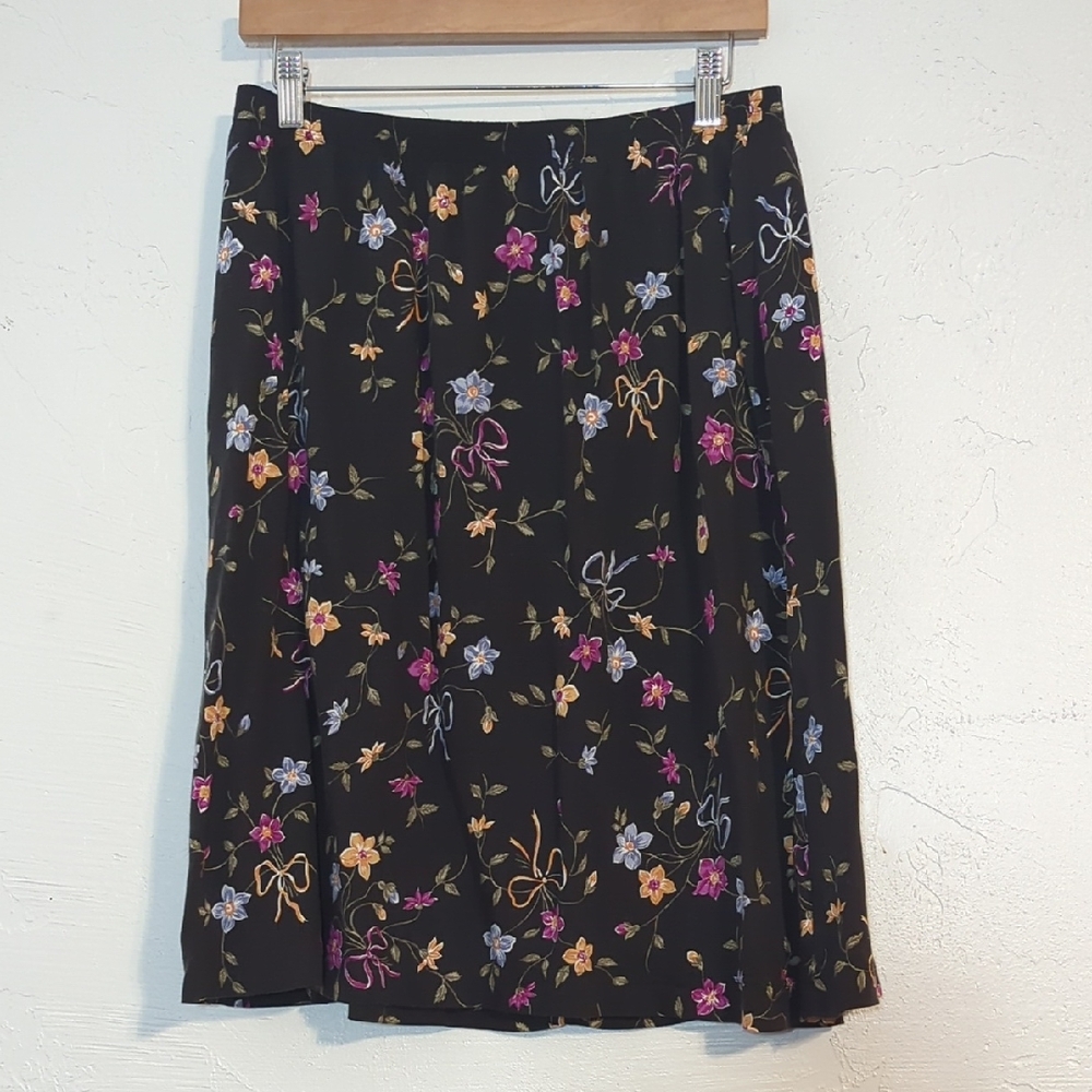 Vintage 90s Black Floral Bow Print Skirt Feminine Dainty Whimsigoth Dark Cottage